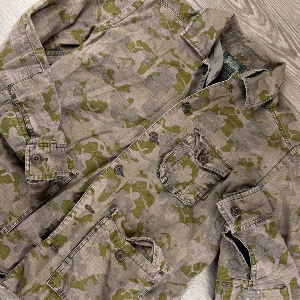 Roots Mens Jacket Camo Ripstop Cotton Utility Field Shacket Green Brown Medium M